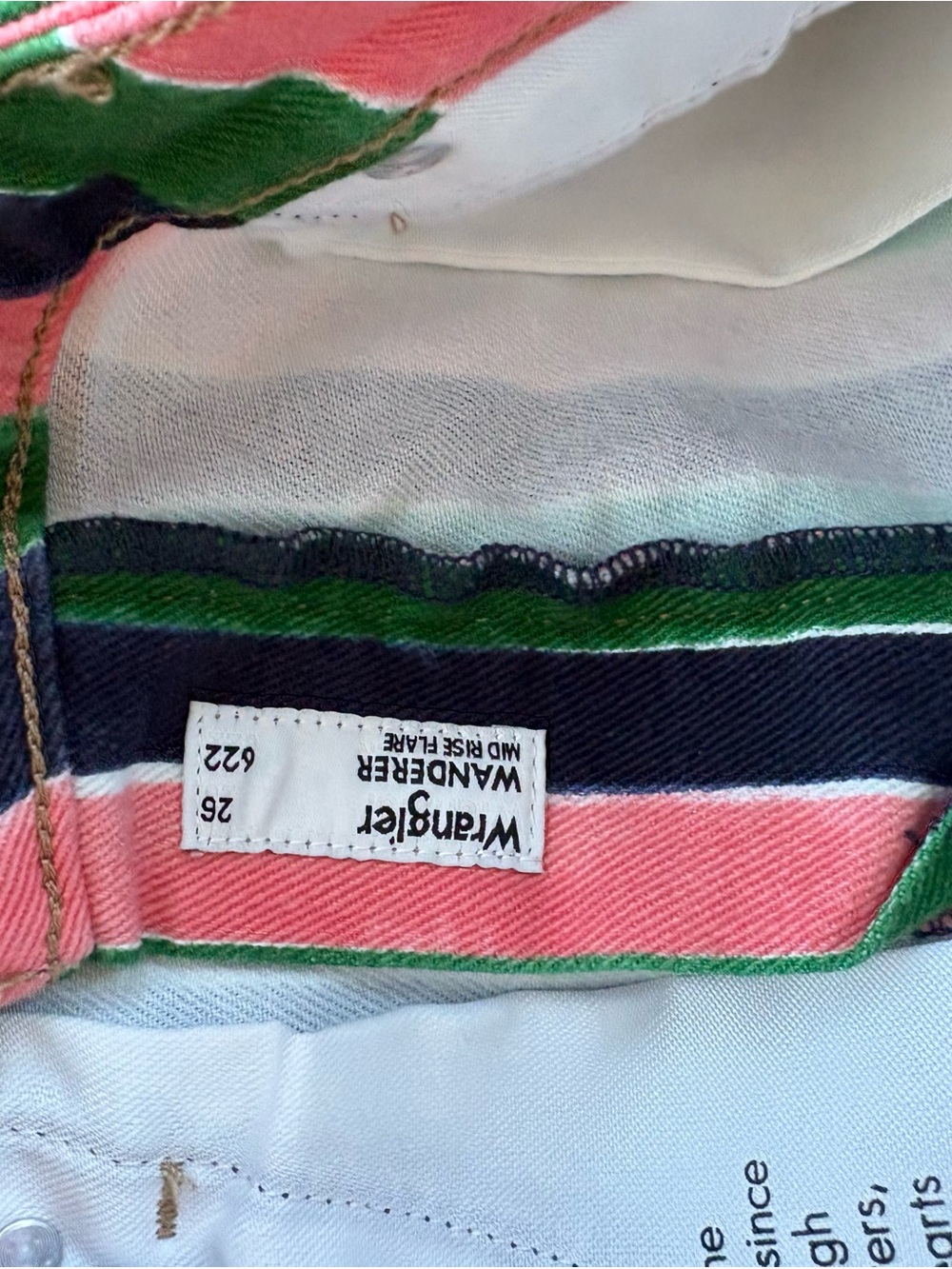 Wrangler Wanderer Striped Flare Pants in Green, Pink & Navy - Picture 7 of 14